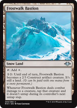 Frostwalk Bastion
 {T}: Add {C}.
{1}{S}: Until end of turn, Frostwalk Bastion becomes a 2/3 Construct artifact creature. It's still a land. ({S} can be paid with one mana from a snow source.)
Whenever Frostwalk Bastion deals combat damage to a creature, tap that creature and it doesn't untap during its controller's next untap step.